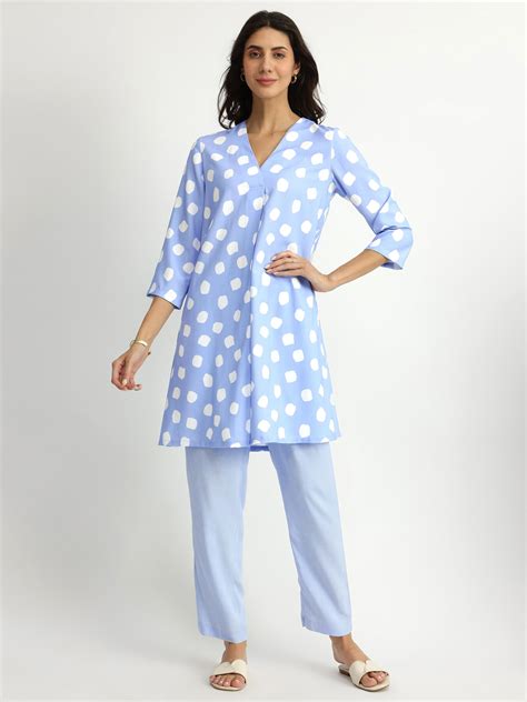 Buy Blue Rayon Polka Pleated Co Online | Pink Fort – Pink Fort by ...