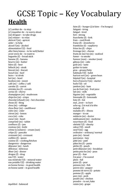 GCSE French - Health Vocabulary by Ullswater Community College - Issuu