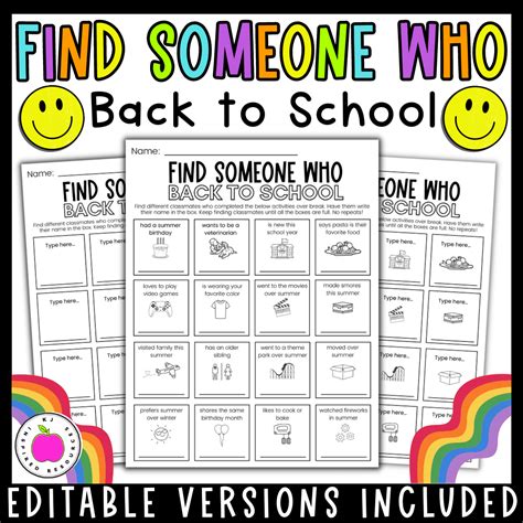 Back to School / After Summer Break - Find Someone Who Editable ...
