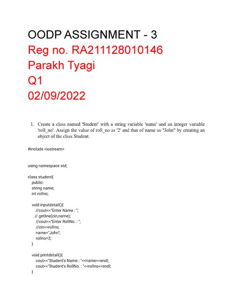 OODP Assignment - 3 - OODP ASSIGNMENT - 3 Reg no. RA Parakh Tyagi Q 02 ...