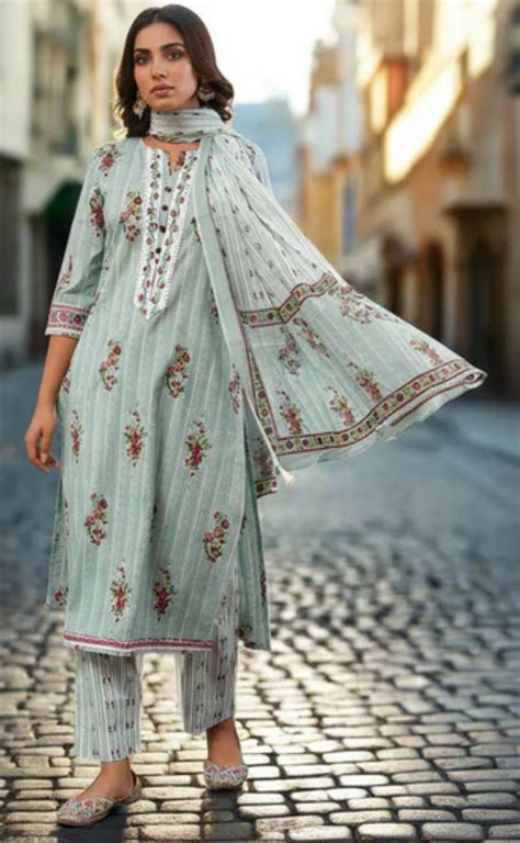 Sea Green Floral Jaipur Cotton Kurti With Pant And Dupatta Set. Pure V ...