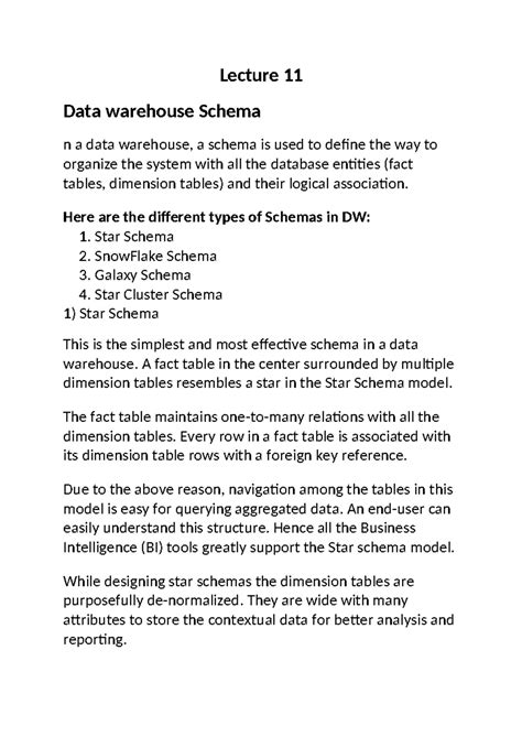 Lecture 11: Data Warehouse Schema Types and Applications - Studocu
