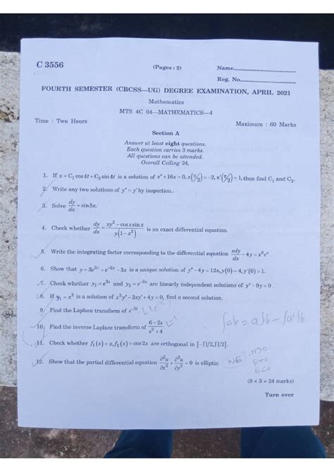 QP 4 - 4TH SEM Complimentary Maths - C 3556 (Pages : 2) Name Reg. No ...