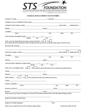 Fillable Online stsfoundation CHANGE OF PLACEMENT STATUS FORM Fax Email ...