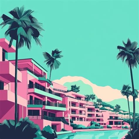 Modern apartment building on the beach with palm trees 3d illustration ...