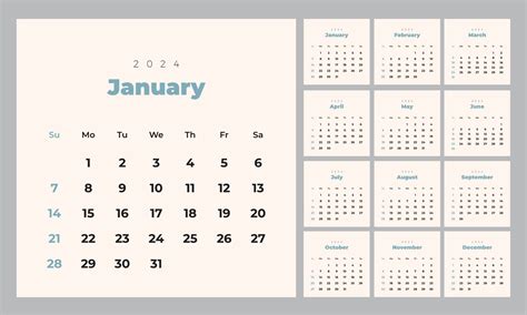 minimalista estilo mensual calendario modelo para 2024 año. Inglés ...