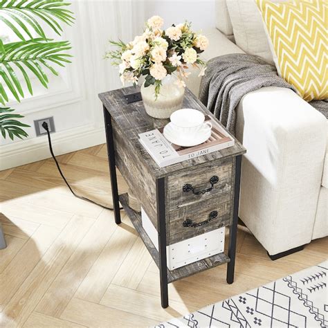 Vecelo Set of 2 End Tables Narrow Nightstands with Charging Station USB ...