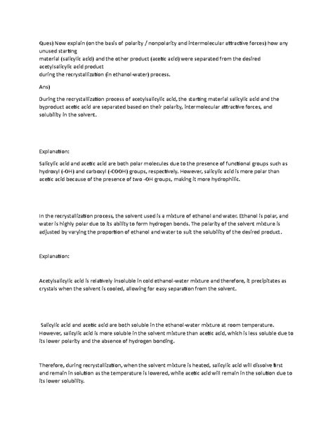 Now explain (on the basis of polarity or nonpolarity and intermolecular ...