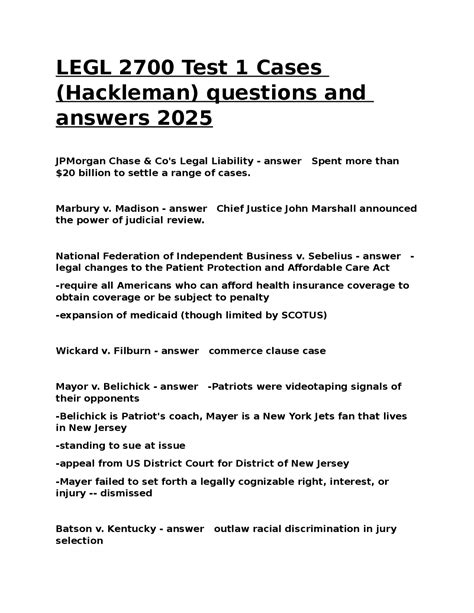 LEGL 2700 Test 1 Cases: Questions and Answers | Exams Biology | Docsity