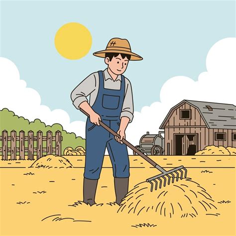 Cartoon illustration of young asian farmer raking hay on sunny farm ...