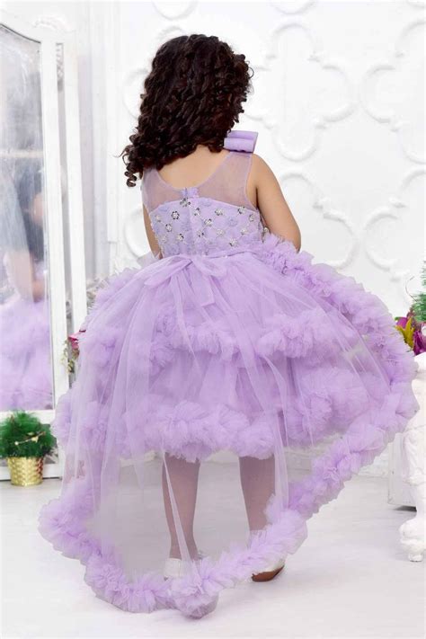 Sequin Lavender Ruffled Net Tailback Frock With Bow Embellishment For ...