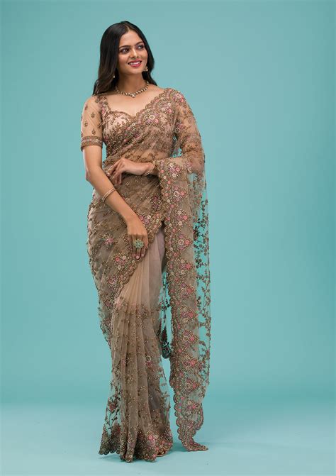 Buy Beige Zariwork Net Saree - Koskii