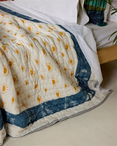 Reversible Twin XL Quilt: Handcrafted Cotton Bedspread, Yellow Sun/blue ...