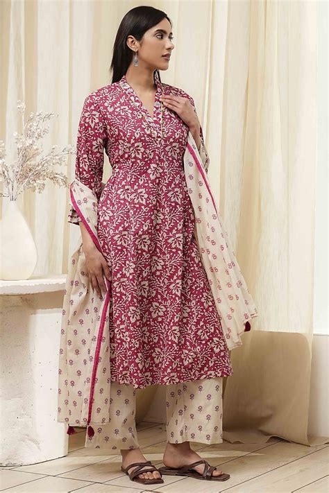 Buy Red Cotton Printed Gathered Suit Set Online at Biba India