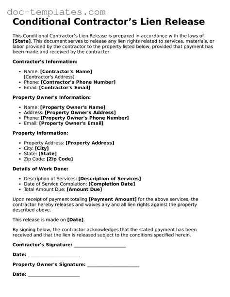 Free Conditional Contractor’s Lien Release Forms - Printable Template