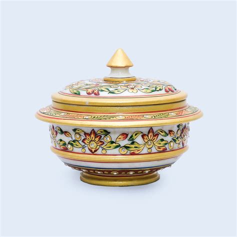 Golden Round Shaped Marble Minakari Handpainted Golden Bowl with Conic