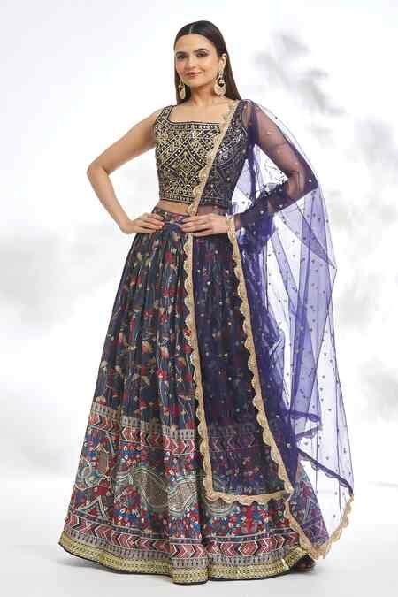 Buy Blue Chiffon, Brocade, Net Embroidery, Sequins Square Floral Print ...