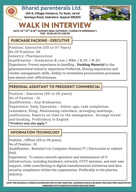 Bharat Parenterals Ltd.Gujarat Walk-In Interview on 24th,27th & 28th ...