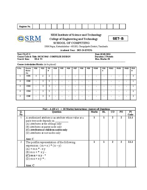 CD CT3 SET-B Answer Key - Register No. SRM Institute of Science and ...