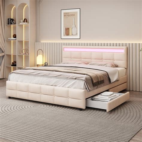 Letto imbottito 180 x 200 cm, letto matrimoniale, giroletto LED con 4 cassetti, beige | Leroy Merlin