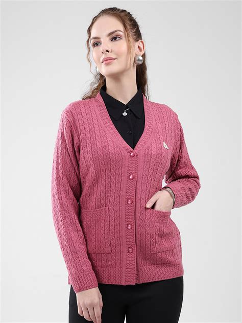 Buy Women Pink Self Design V Neck Full Sleeve Cardigan Online in India ...