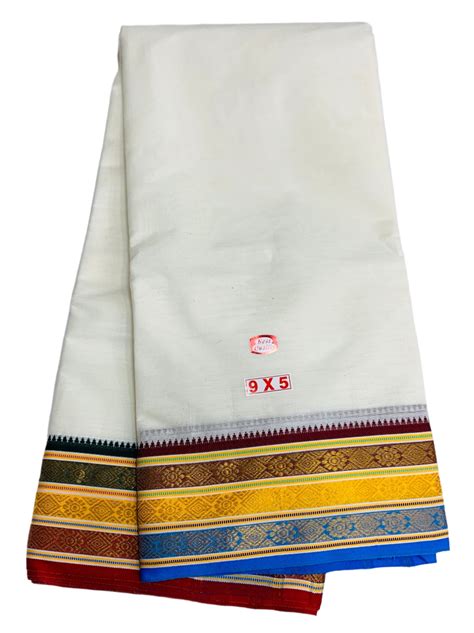 9X5 Cotton Unbleached Dhoti with Angavastram with Multi Colour Border ...
