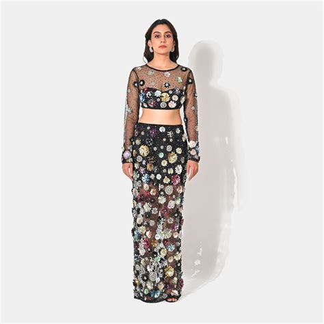 FULL SLEEVE CHARLOTTE BLACK FLORAL SEQUIN EMBELLISHED MAXI CO-ORD SET