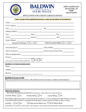 Fillable Online APPLICATION FOR COUNTY GARBAGE SERVICE Name: E-911 ...