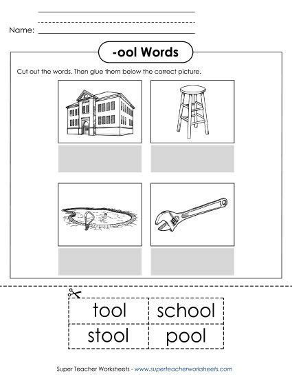 Cut and Glue (-ool) Printable Word Families Ool Words Cutglue PDF Worksheet