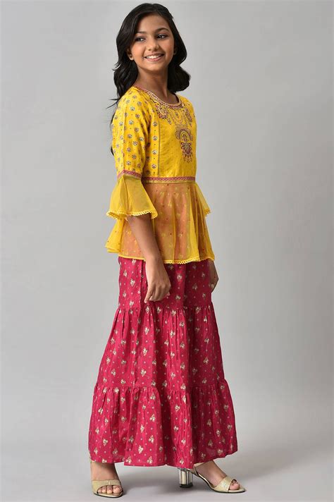 Buy Girls Foil Printed Top With Pink Sharara Set Online for Woman ...