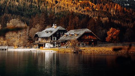 Скачать 1920x1080 дом, озеро, лес, осень, пейзаж обои, картинки full hd ...