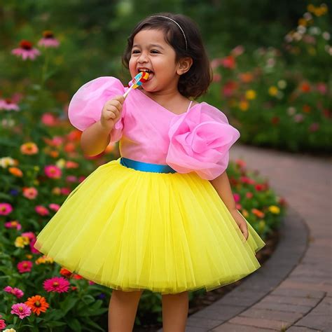 Girl's Yellow & Pink Knee Length Frock Dress - PinkBlueIndia.com