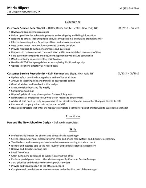 Image result for Resume Examples Receptionist Customer Service Example