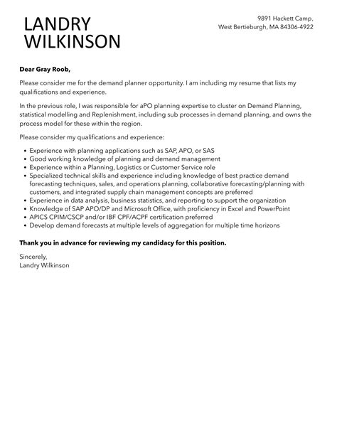 Demand Planner Cover Letter | Velvet Jobs