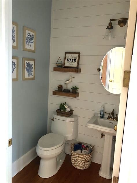 My coastal/farmhouse powder room with shiplap and antique gold fixtures ...