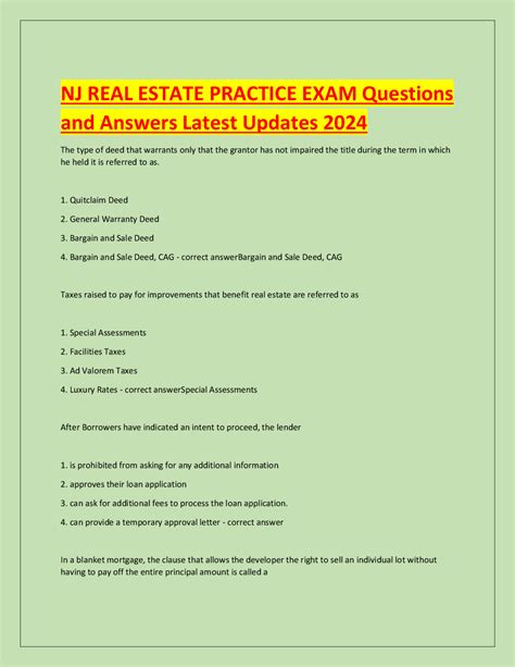 NJ REAL ESTATE PRACTICE EXAM Questions and Answers Latest Updates 2024 ...