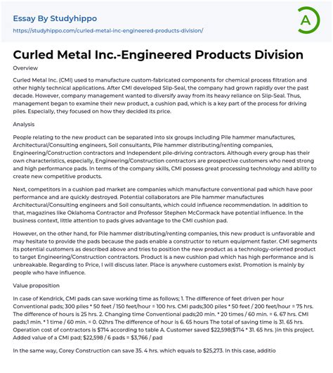 Curled Metal Inc.-Engineered Products Division Essay Example ...