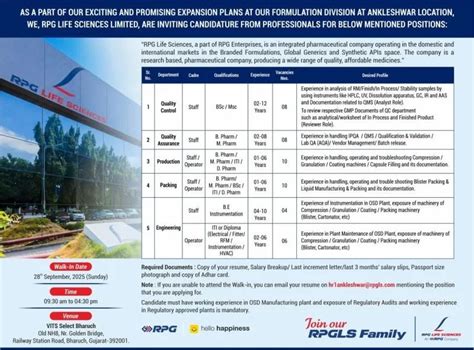RPG Life Sciences Ankleshwar Jobs Walk-in 2025 - Apply for Multiple ...