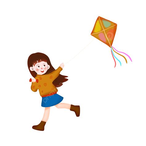 Vector Illustration Of Flying A Kite, Cartoon Girl Outing, Kite Girl ...
