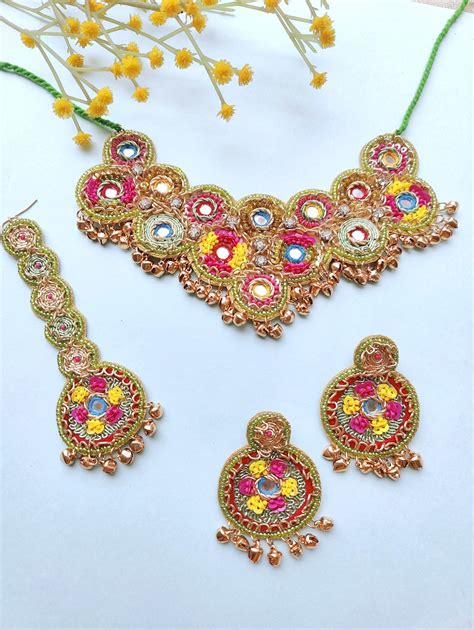 designer Handmade Green Haldi-Mehndi Floral Jewellery Set for Brides