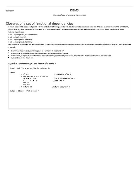 Closures of a set of functional dependencies 1 - 9/25/2017 DBMS ...