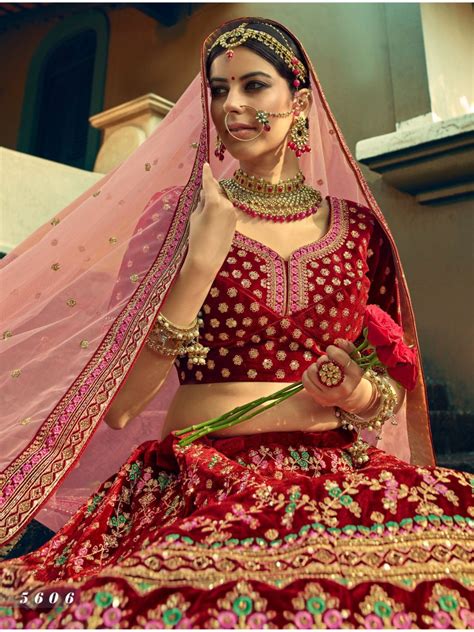 Embroidered Velvet Bridal Lehenga in Maroon – Saundaryam Fashions