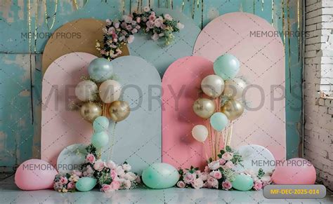 Muted Tone Multi Arch Backdrop With Balloon Clusters Printed Backdrop