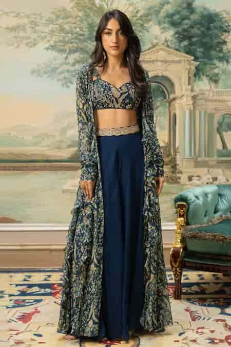 Buy Blue Georgette Sequins, Embroidery Round Neck, Floral Pattern ...