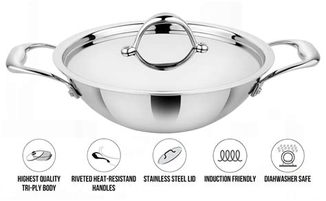 Buy Prabha Tri-Ply Stainless Steel Kadhai, Prima Flat Bottom, Food ...