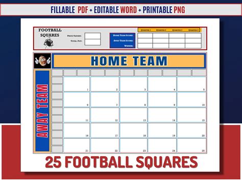 Football Squares Template 25, 25 Square Grid, Printable Football ...