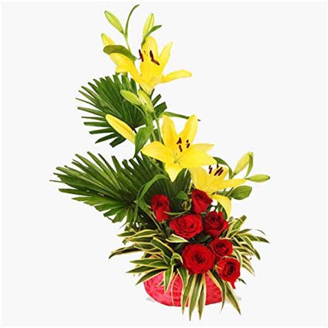 Best Florist Bright Invitation 3 Yellow Asiatic Lilies and 12 Red Roses ...
