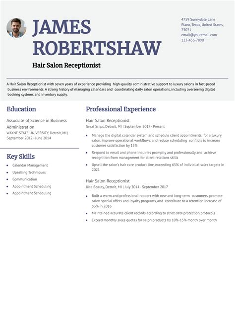 Best Hair Salon Receptionist Resume Examples and Templates for 2026 ...