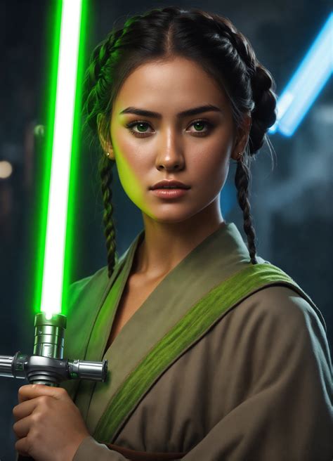 Lexica - Young woman, jedi knight, holding two green lightsabers, olive ...
