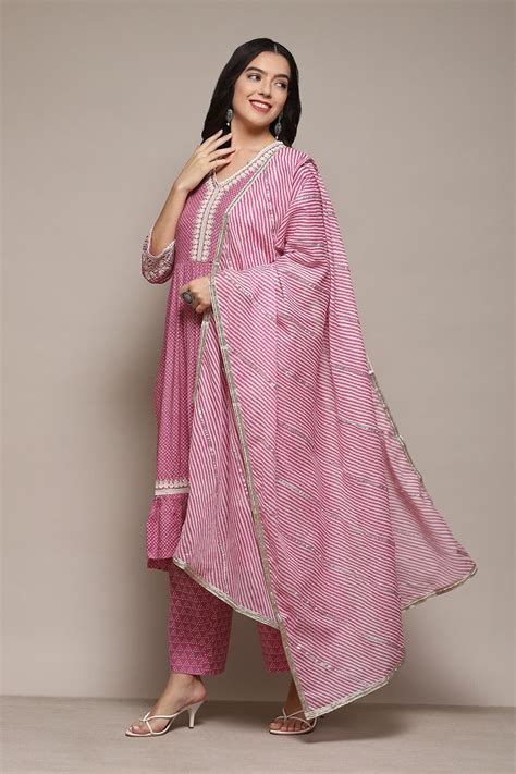 Buy Pink Cotton Blend Straight Kurta Palazzo Suit Set Online at Biba India
